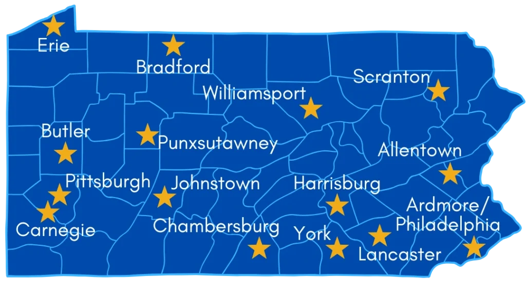 Map of Pennsylvania mesothelioma office locations